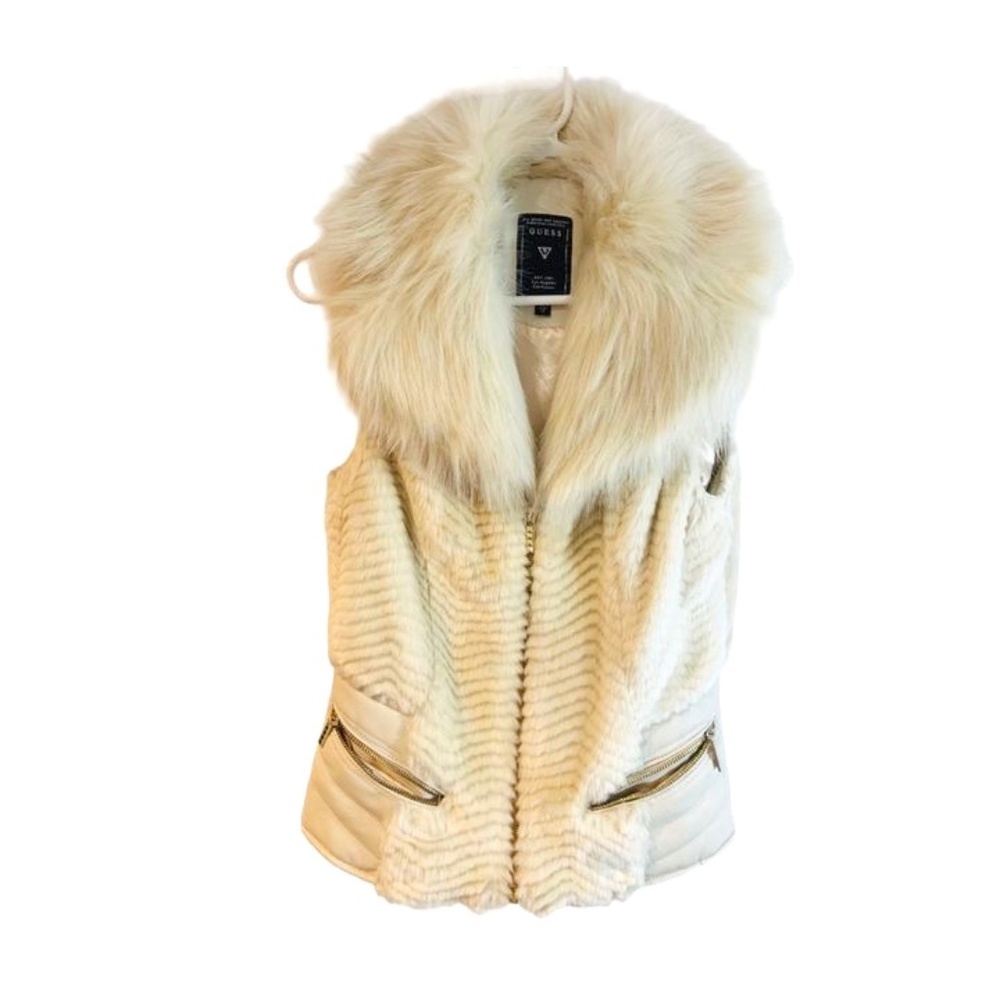 💛 GUESS XS Cream Gold Faux-Fur Sleeveless Vest💛